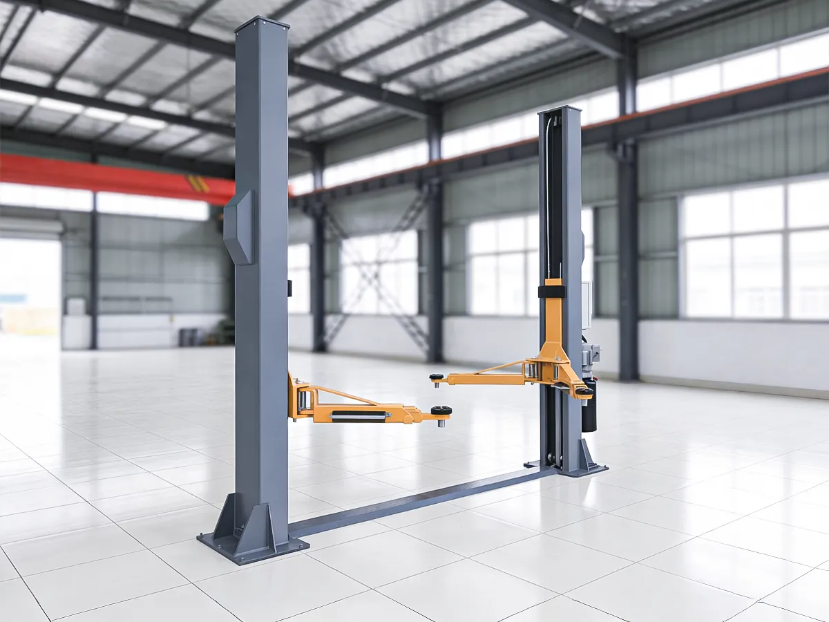 Two-post car lift showing mechanical lock arms and hydraulic columns