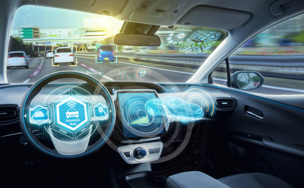 Empty cockpit of autonomous car, HUD(Head Up Display) and digital speedometer. self driving vehicle.