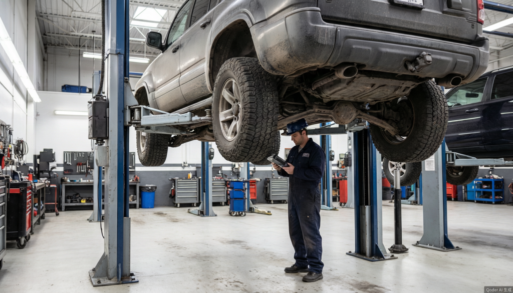 Vehicle weight calculation - technician checking curb weight on lift