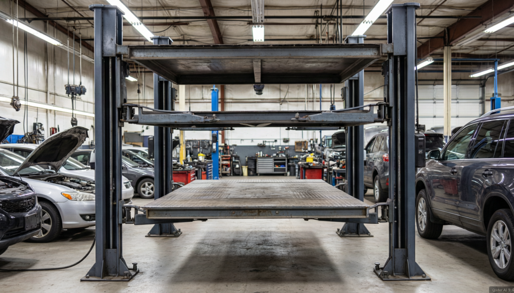 Heavy-duty car lift in a commercial garage