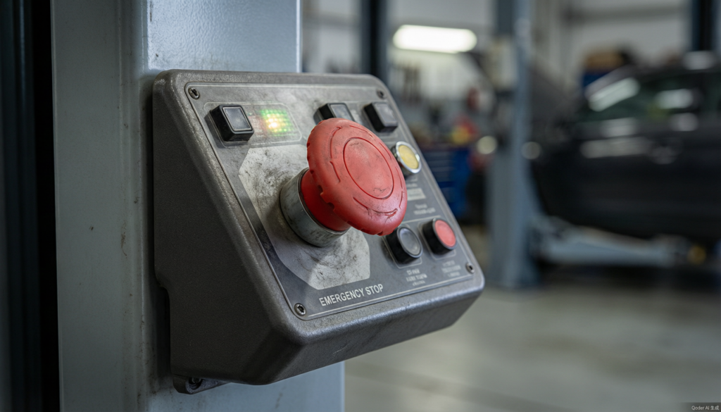 Emergency lowering valve and overload protection on a hydraulic car lift