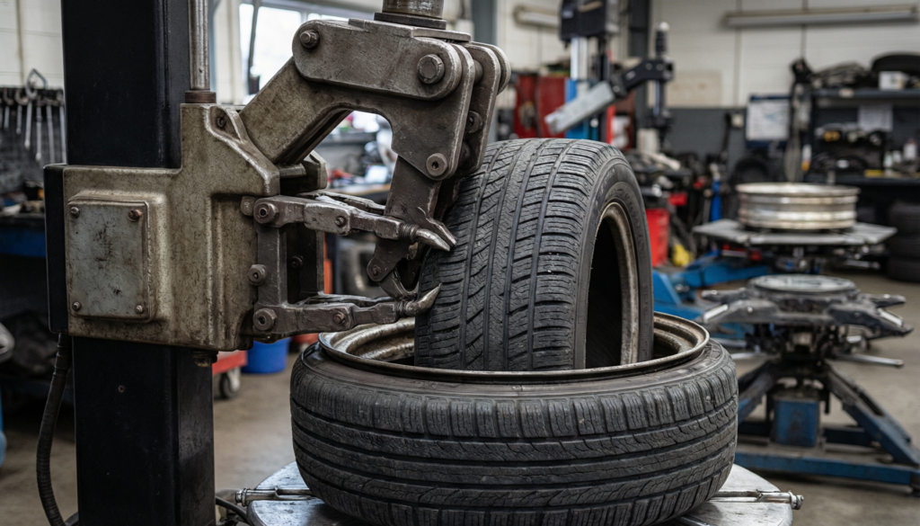 Operator using tire changer for passenger car wheels in a workshop