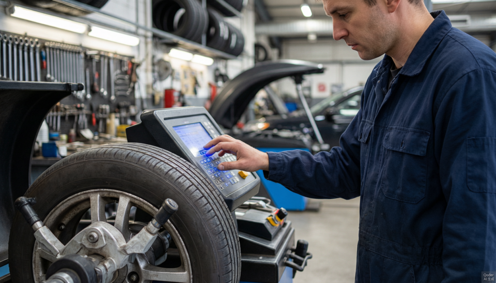 Manual data entry on wheel balancer - measuring parameters with tape and calipers