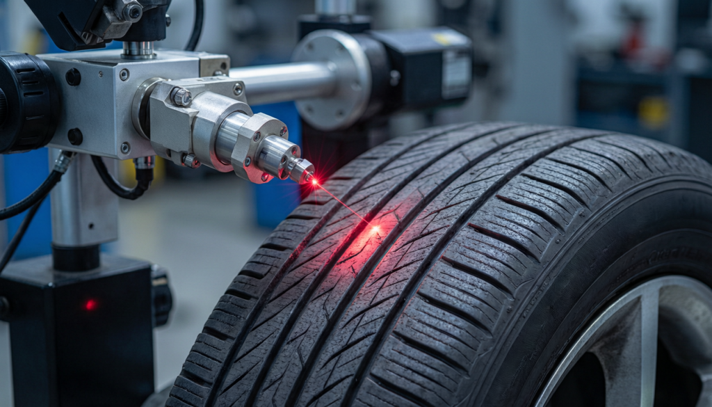 Laser-guided wheel balancer in a tire shop showing balance results