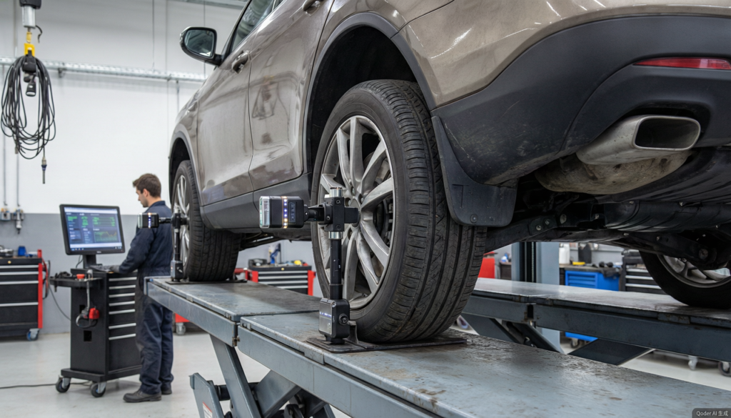 3D wheel alignment target plates on a car at an alignment bay