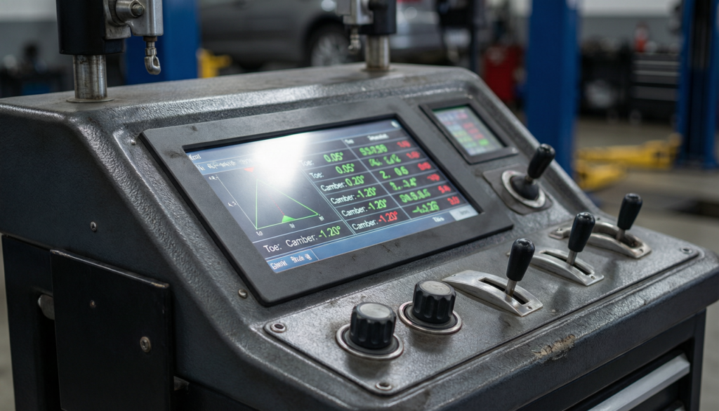 Technician reviewing wheel alignment specifications on computer screen