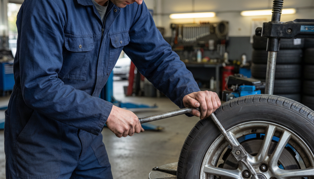 Field technician using portable tire changer without electricity