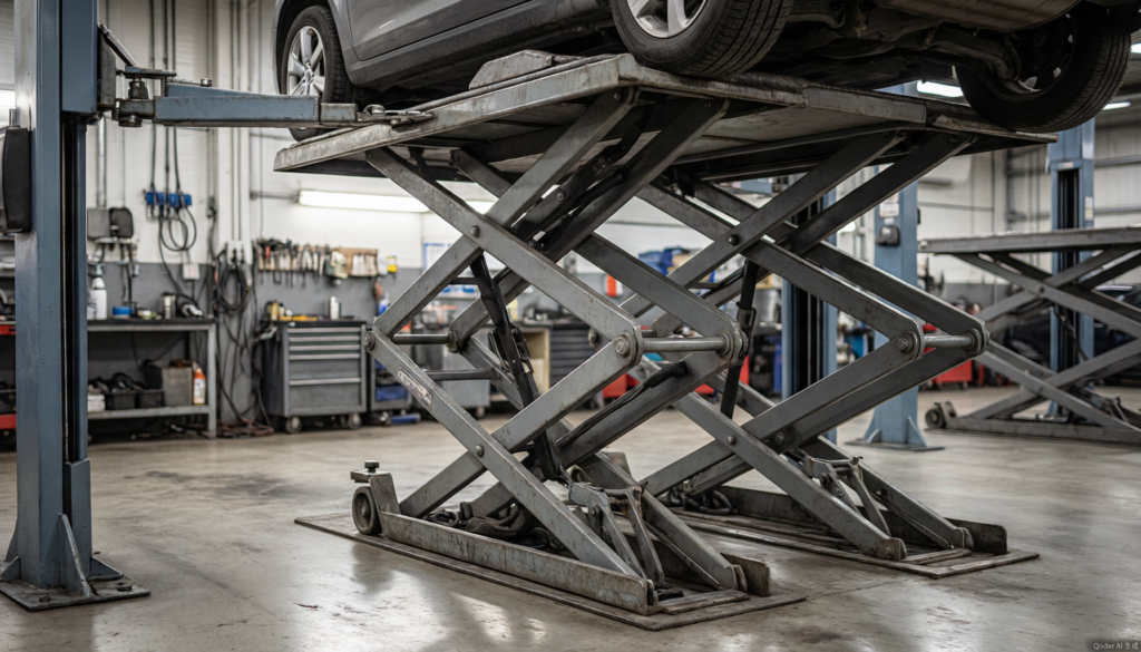 Low-rise scissor lift in a compact auto repair shop