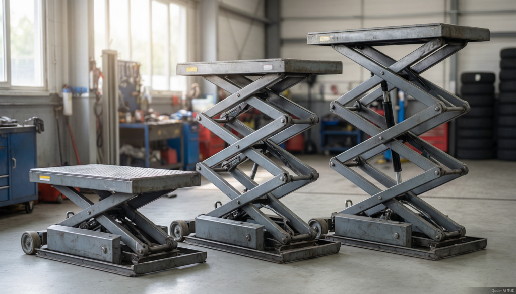 Mid-rise scissor lift with approach ramps in a professional garage