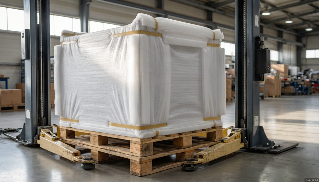 Final packaging and documentation check for exported car lift equipment